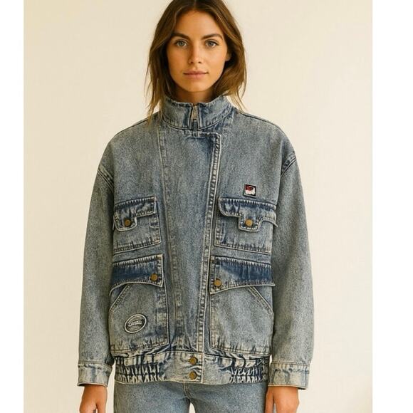 Rare Vintage 90s Acid Wash Oversized Asymmetric Denim Jacket Medium French Girl - Picture 1 of 6